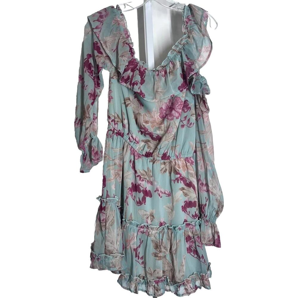 Lillys Kloset Mini Dress Womens Small Green Floral Ruffle One Shoulder Feminine